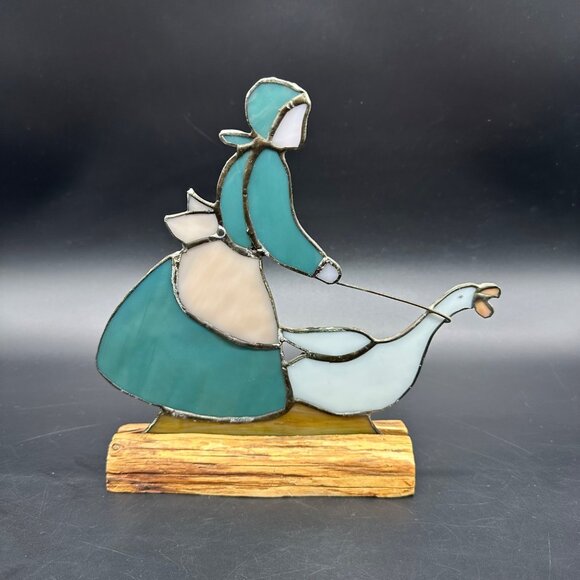 Vintage Stained Glass Goose Maiden Girl Wooden Display Cottagecore Country - Picture 3 of 12